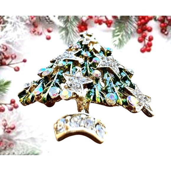 Christmas Tree Brooch Pin New Aurora Borealis Rhinestones Stars Northern… - Picture 5 of 12
